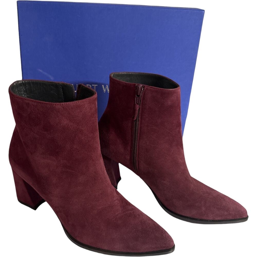 Stuart Weitzman Trendy Booties 7 Bordeaux Suede Pointed Toe Block Heel NWT - Picture 2 of 7